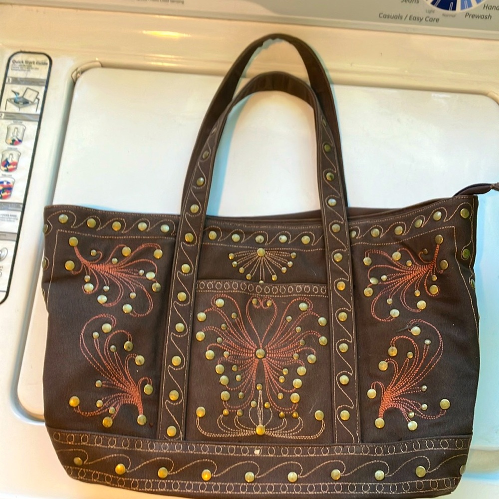 Brown canvas zippered tote bag shoulder purse embroidered and studded boho